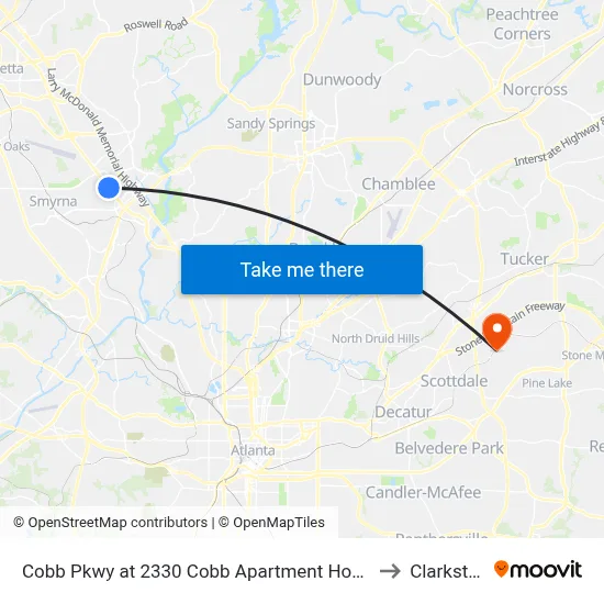 Cobb Pkwy at 2330 Cobb Apartment Homes to Clarkston map