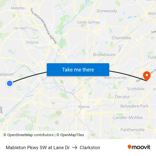 Mableton Pkwy SW at Lane Dr to Clarkston map