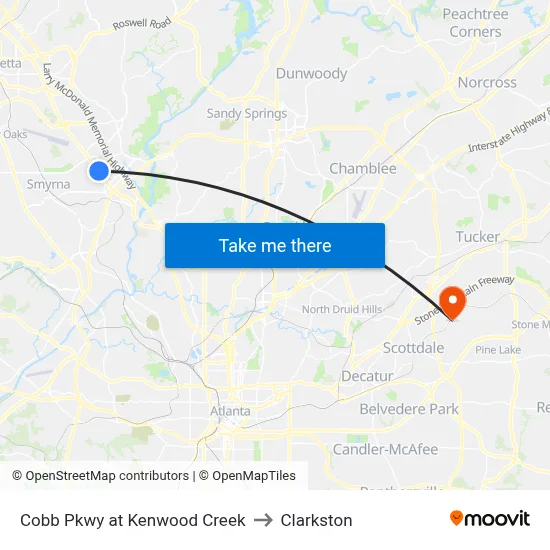 Cobb Pkwy at Kenwood Creek to Clarkston map