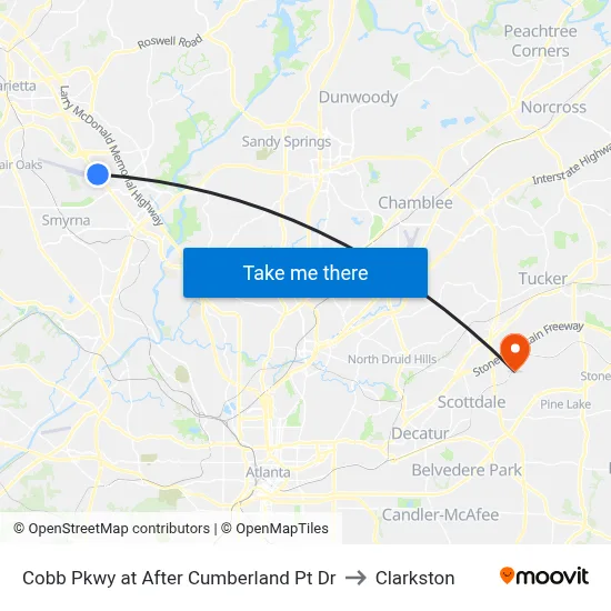 Cobb Pkwy at After Cumberland Pt Dr to Clarkston map