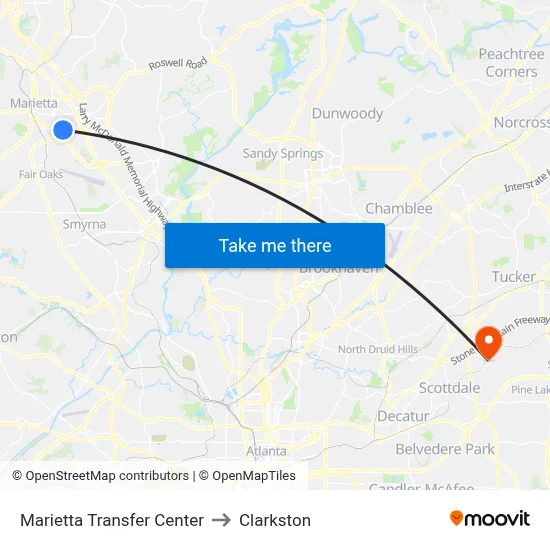 Marietta Transfer Center to Clarkston map