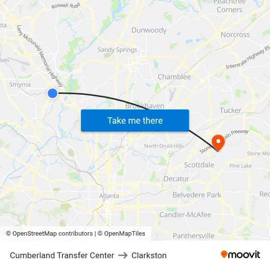 Cumberland Transfer Center to Clarkston map