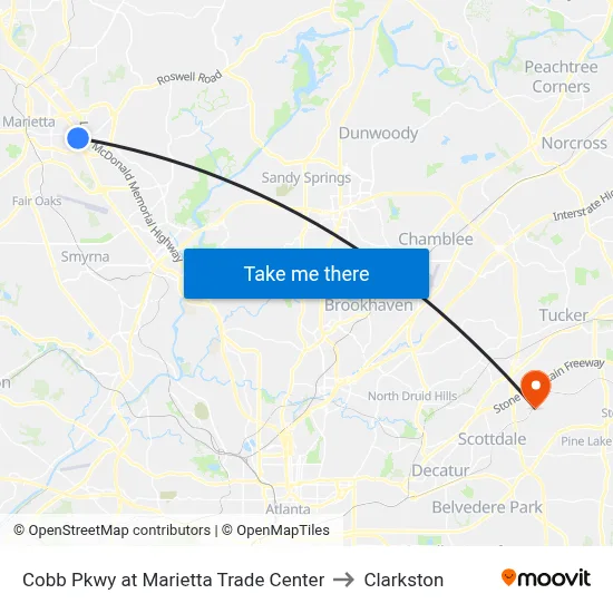 Cobb Pkwy at Marietta Trade Center to Clarkston map