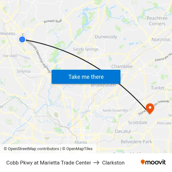 Cobb Pkwy at Marietta Trade Center to Clarkston map