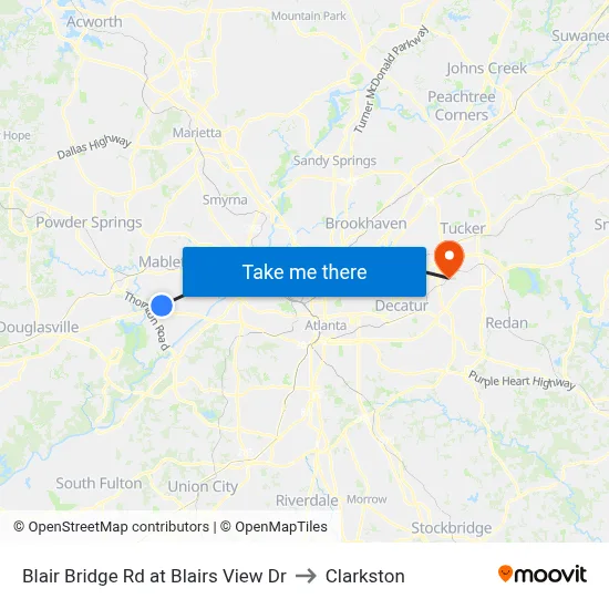 Blair Bridge Rd at Blairs View Dr to Clarkston map