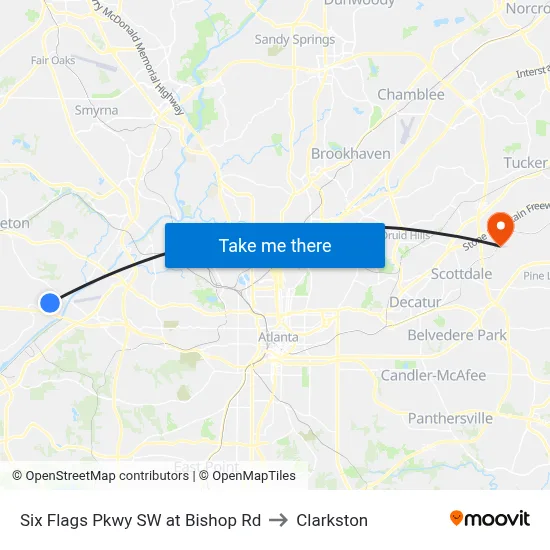 Six Flags Pkwy SW at Bishop Rd to Clarkston map