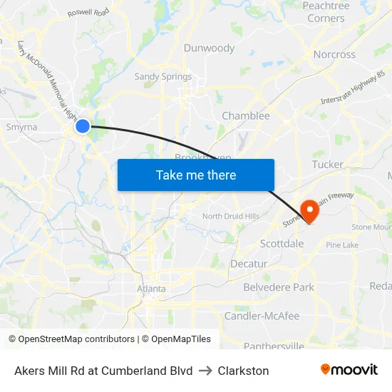 Akers Mill Rd at Cumberland Blvd to Clarkston map