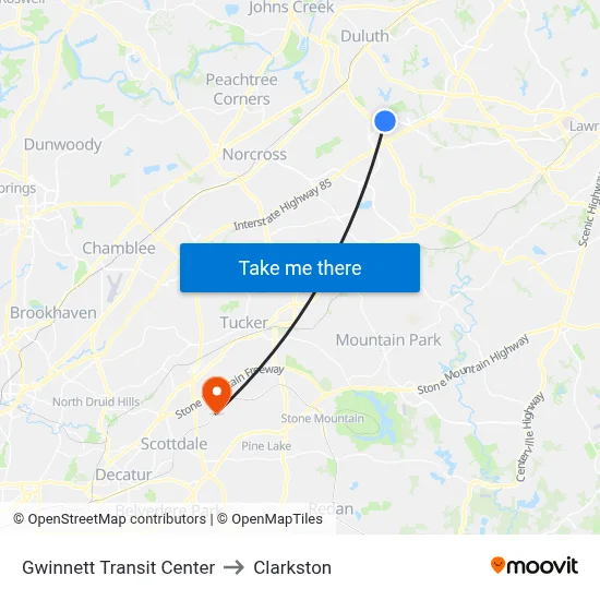 Gwinnett Transit Center to Clarkston map