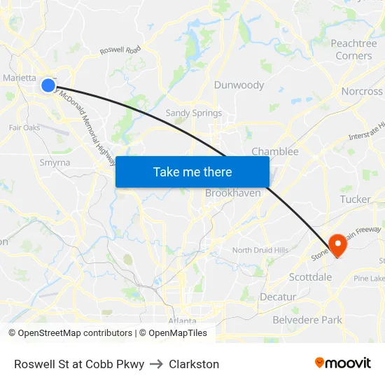 Roswell St at Cobb Pkwy to Clarkston map