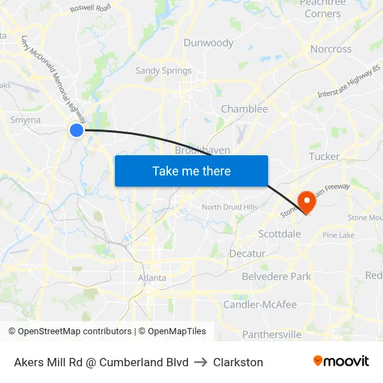 Akers Mill Rd @ Cumberland Blvd to Clarkston map