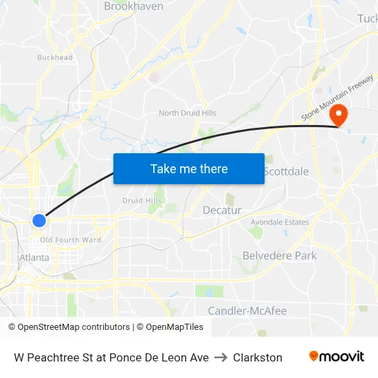 W Peachtree St at Ponce De Leon Ave to Clarkston map
