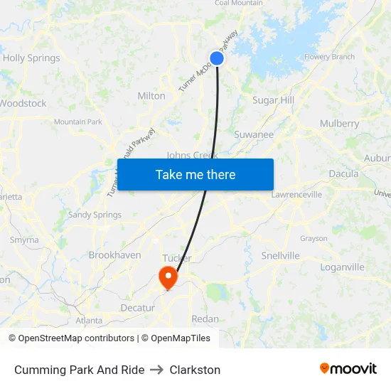 Cumming Park And Ride to Clarkston map