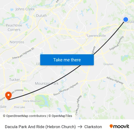 Dacula Park And Ride (Hebron Church) to Clarkston map