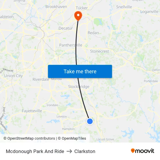 Mcdonough Park And Ride to Clarkston map