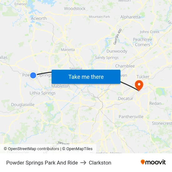 Powder Springs Park And Ride to Clarkston map