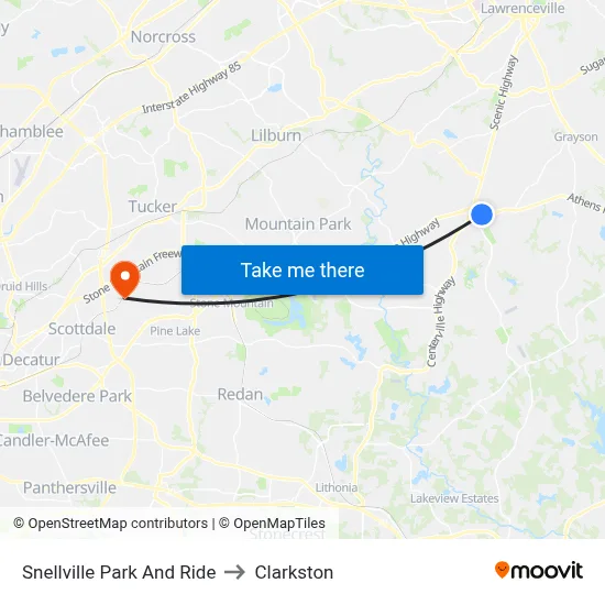 Snellville Park And Ride to Clarkston map
