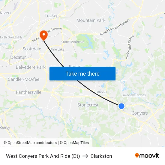 West Conyers Park And Ride (Dt) to Clarkston map