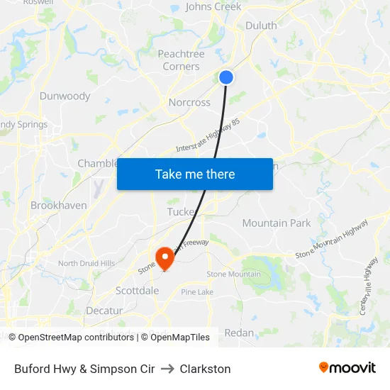 Buford Hwy & Simpson Cir to Clarkston map