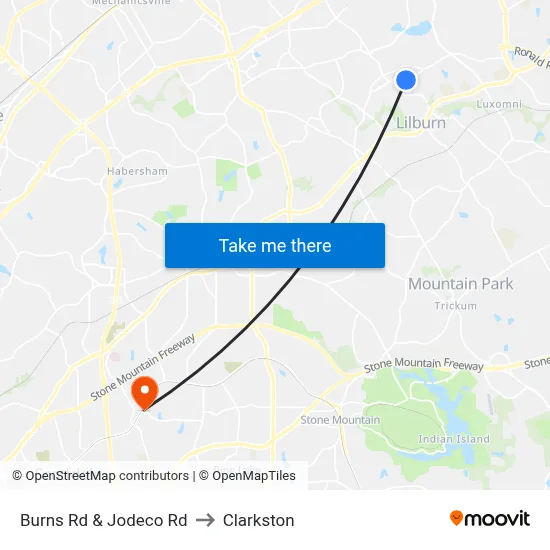 Burns Rd & Jodeco Rd to Clarkston map