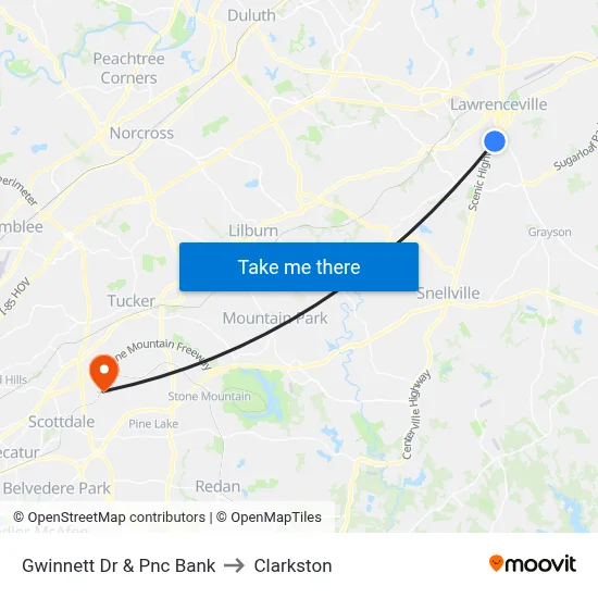 Gwinnett Dr & Pnc Bank to Clarkston map