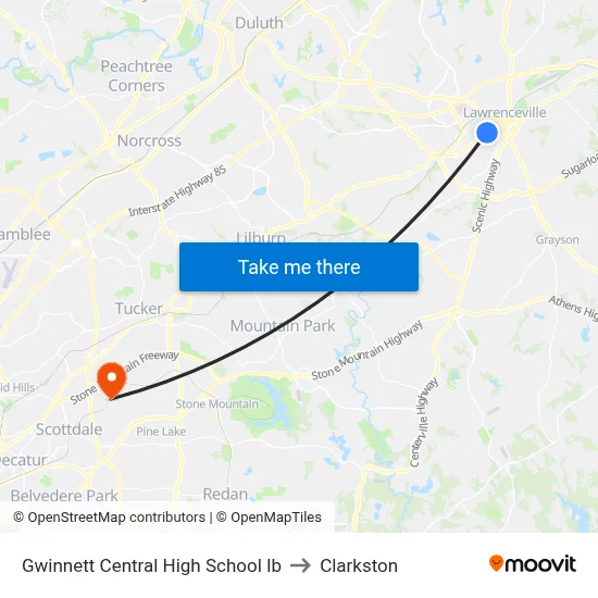 Gwinnett Central High School Ib to Clarkston map