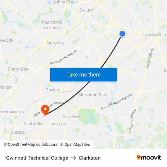 Gwinnett Technical College to Clarkston map