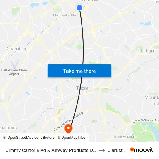 Jimmy Carter Blvd & Amway Products Dist to Clarkston map