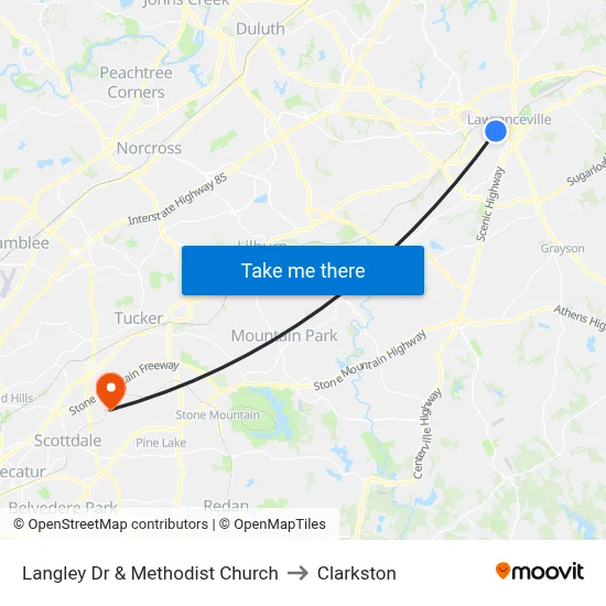 Langley Dr & Methodist Church to Clarkston map