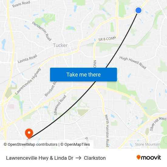 Lawrenceville Hwy & Linda Dr to Clarkston map