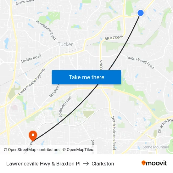 Lawrenceville Hwy & Braxton Pl to Clarkston map