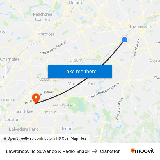 Lawrenceville Suwanee & Radio Shack to Clarkston map