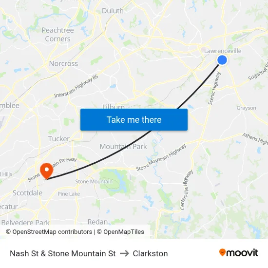 Nash St & Stone Mountain St to Clarkston map