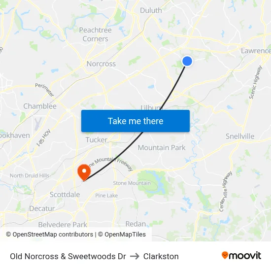 Old Norcross & Sweetwoods Dr to Clarkston map