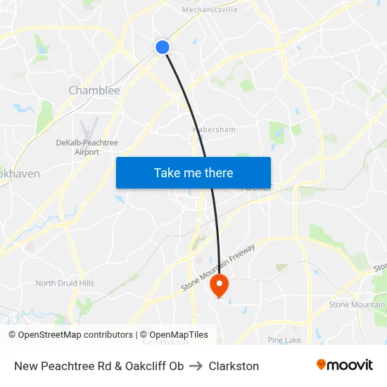 New Peachtree Rd & Oakcliff Ob to Clarkston map