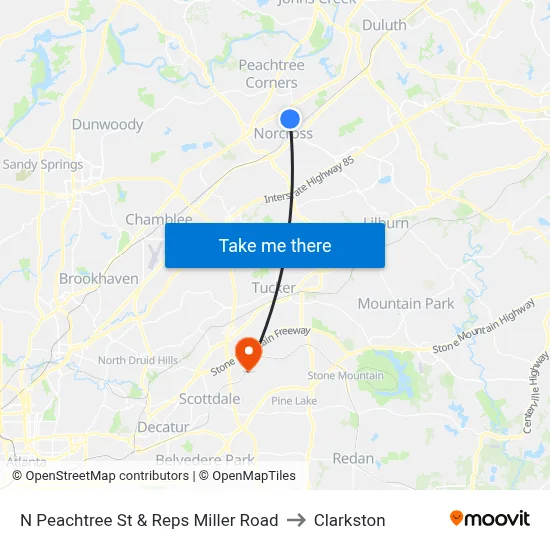 N Peachtree St & Reps Miller Road to Clarkston map