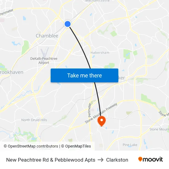 New Peachtree Rd & Pebblewood Apts to Clarkston map