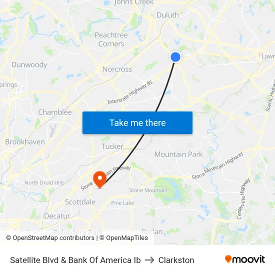 Satellite Blvd & Bank Of America Ib to Clarkston map