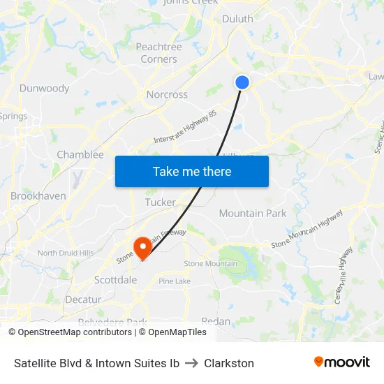 Satellite Blvd & Intown Suites Ib to Clarkston map