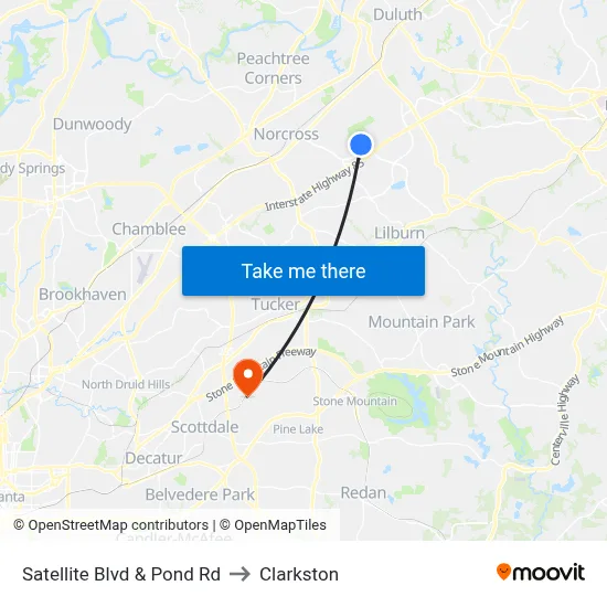 Satellite Blvd & Pond Rd to Clarkston map