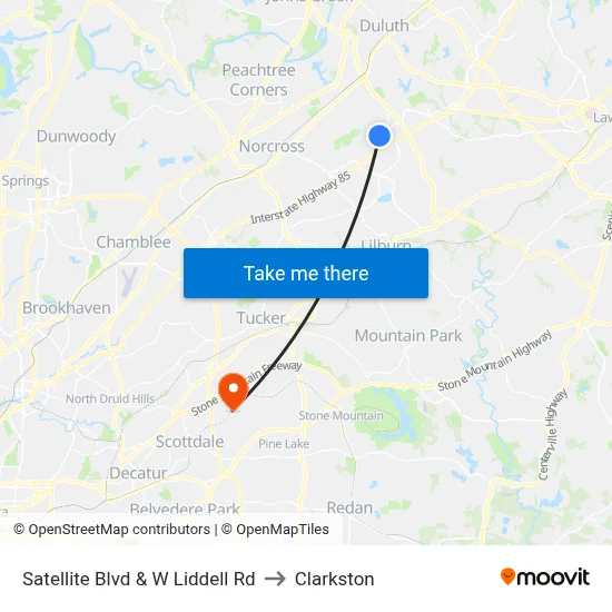 Satellite Blvd & W Liddell Rd to Clarkston map