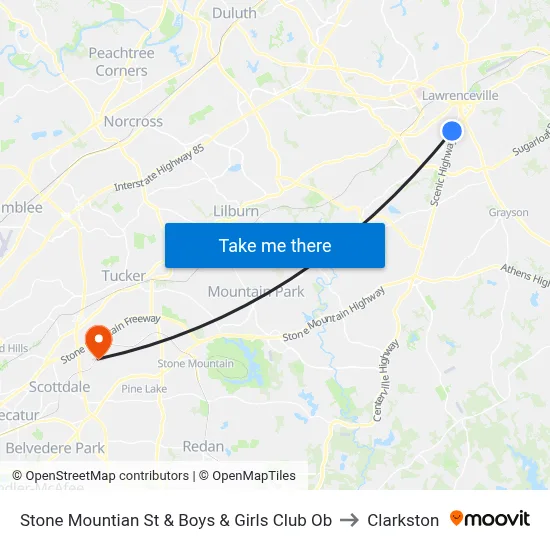 Stone Mountian St & Boys & Girls Club Ob to Clarkston map