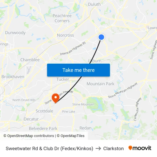 Sweetwater Rd & Club Dr (Fedex/Kinkos) to Clarkston map