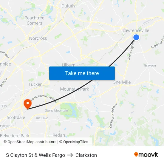 S Clayton St & Wells Fargo to Clarkston map