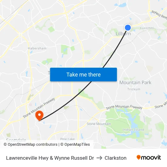 Lawrenceville Hwy & Wynne Russell Dr to Clarkston map
