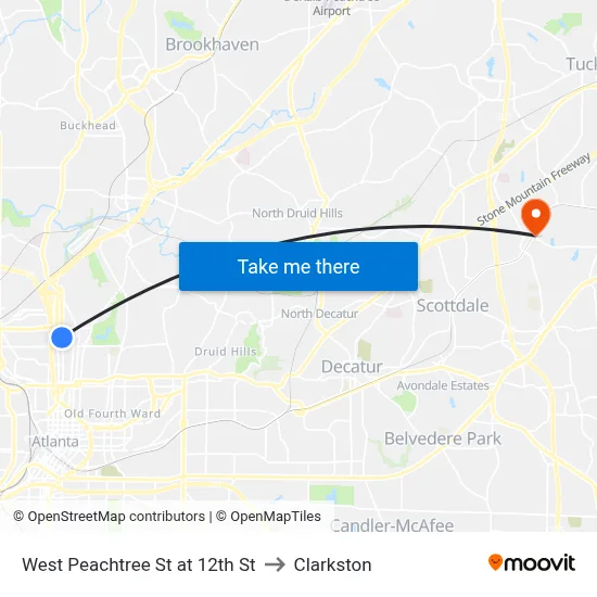 West Peachtree St at 12th St to Clarkston map