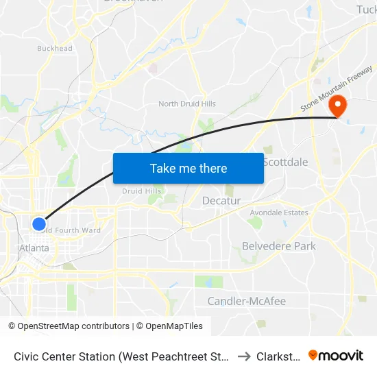 Civic Center Station (West Peachtreet Street) to Clarkston map