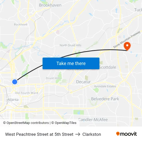 West Peachtree Street at 5th Street to Clarkston map
