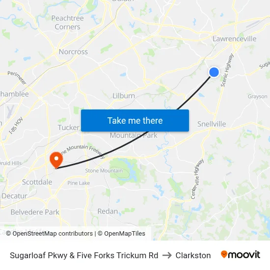 Sugarloaf Pkwy & Five Forks Trickum Rd to Clarkston map