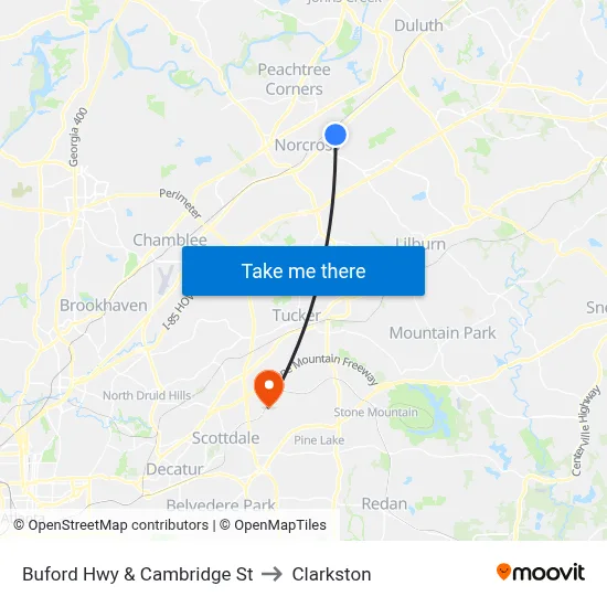 Buford Hwy & Cambridge St to Clarkston map