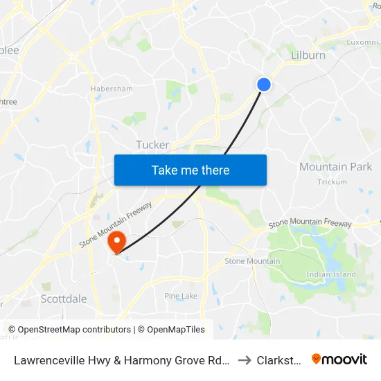 Lawrenceville Hwy & Harmony Grove Rd Ib to Clarkston map